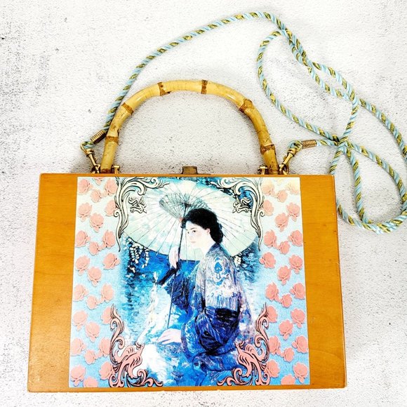 VIntage Parasol Painting Art Wooden‎ Vanity Crossbody Carry On Bag geisha 1909 - Picture 1 of 12
